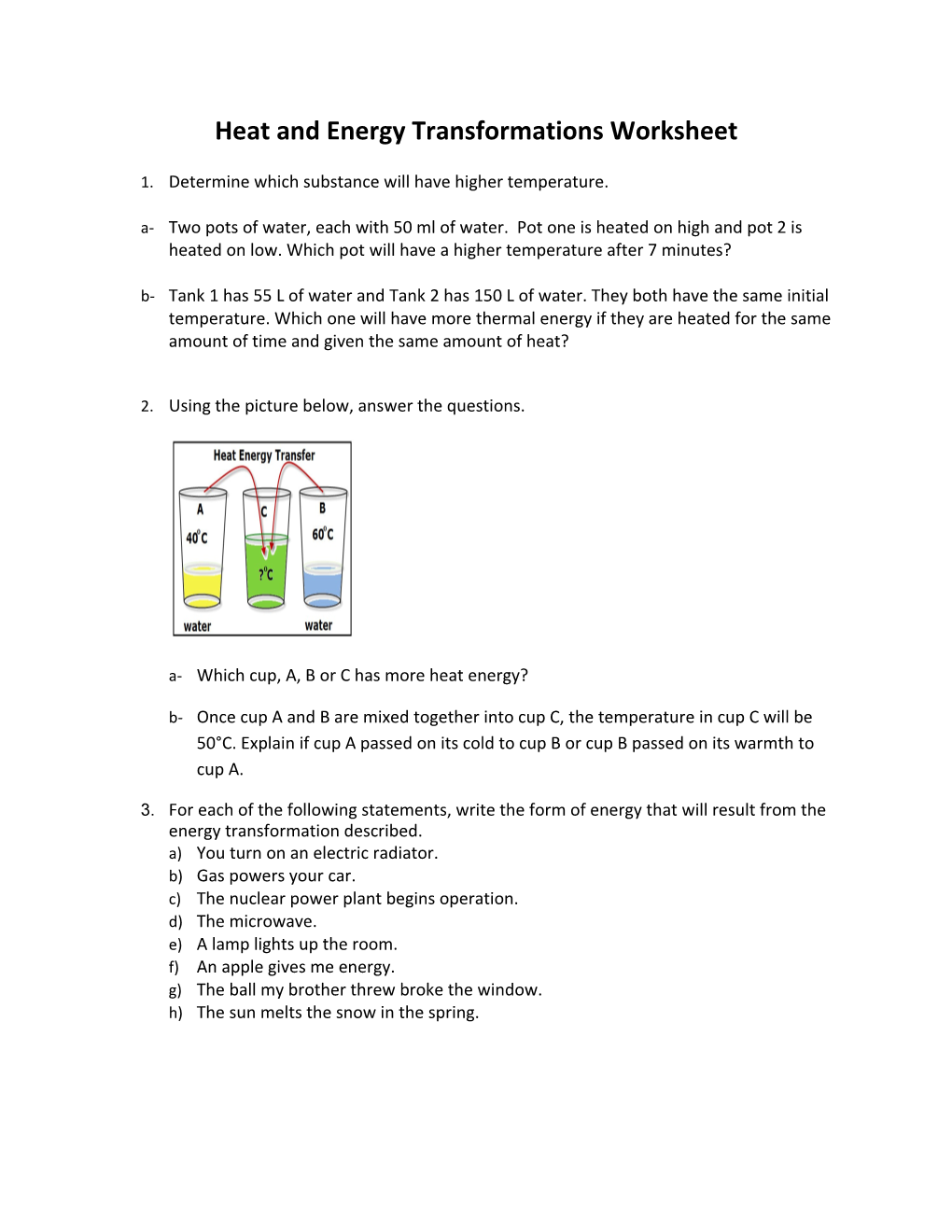 Heat and Energy Transformations Worksheet