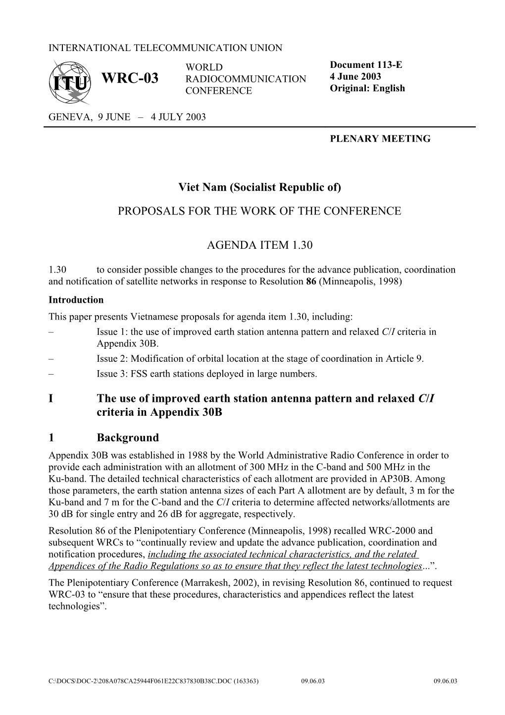 Proposals for the Work of the Conference: Agenda Item 1.30