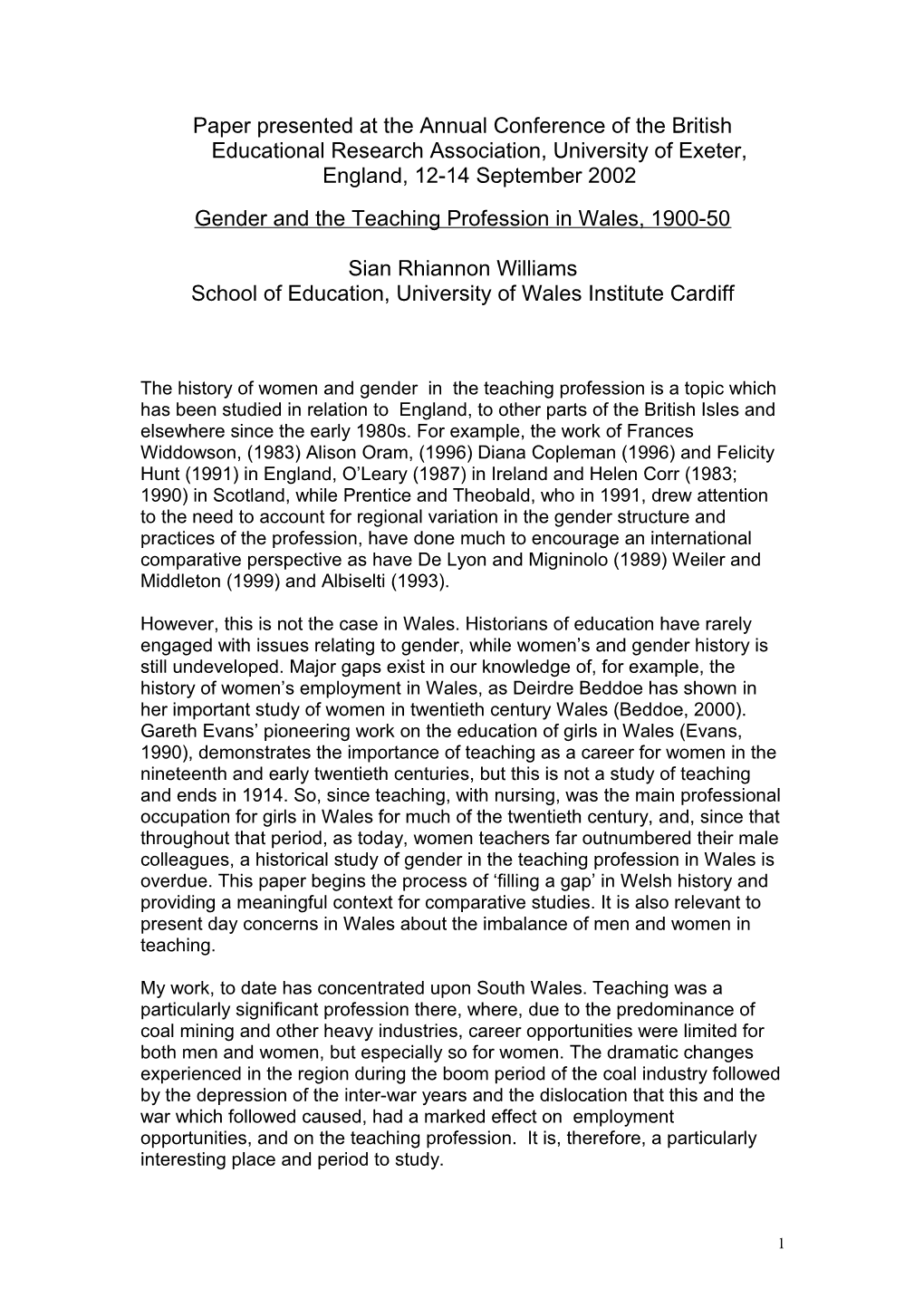 Gender and the Teaching Profession in Wales, 1900-50