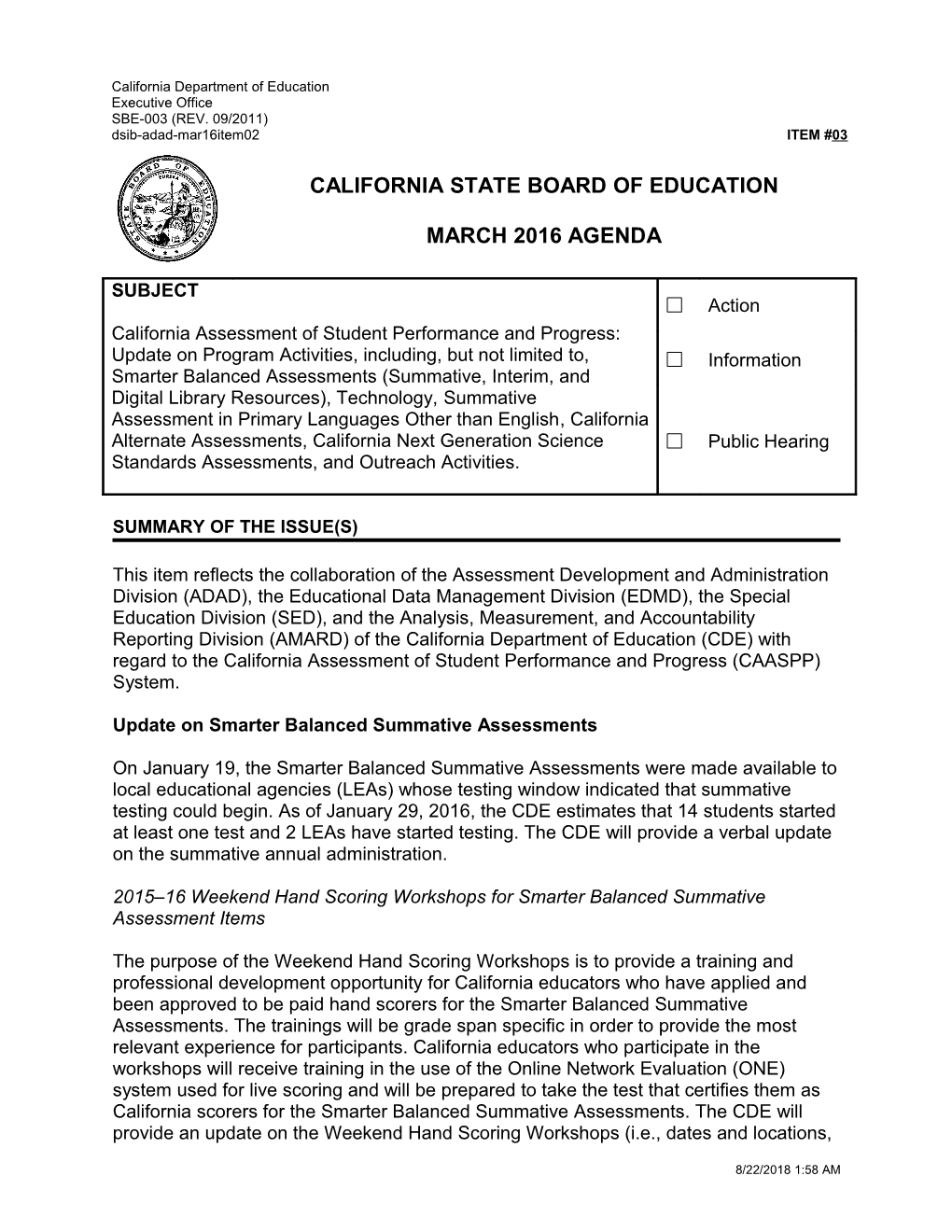 March 2016 Agenda Item 03 - Meeting Agendas (CA State Board of Education)