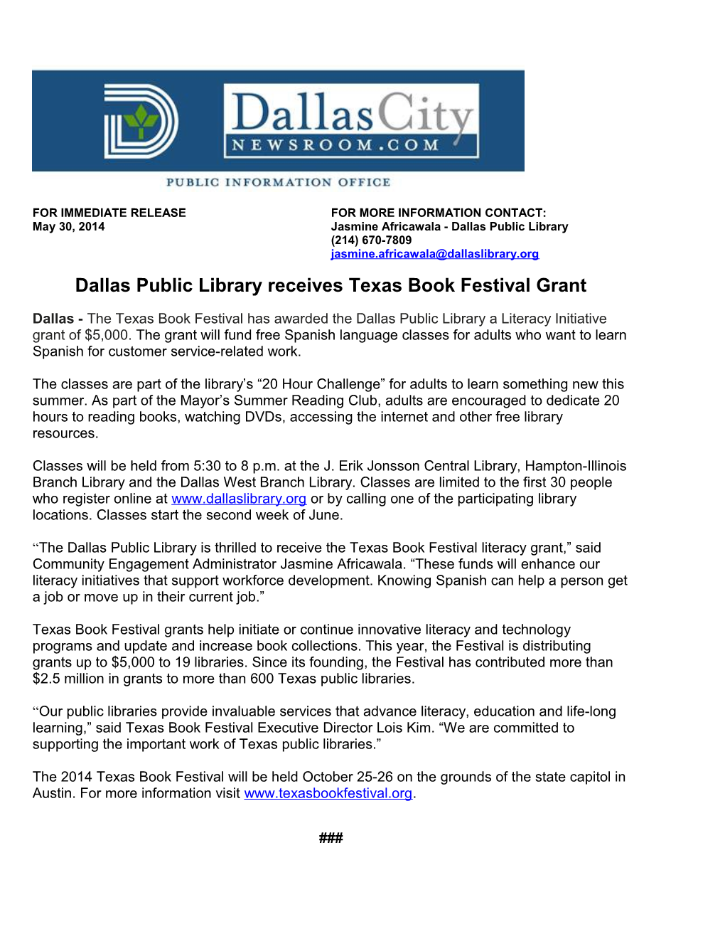 Dallas Public Library Receives Texas Book Festival Grant