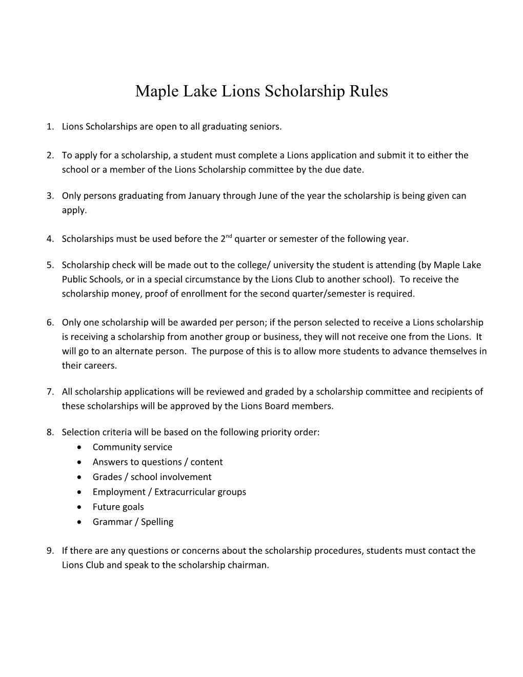 Maple Lake Lions Scholarship Rules