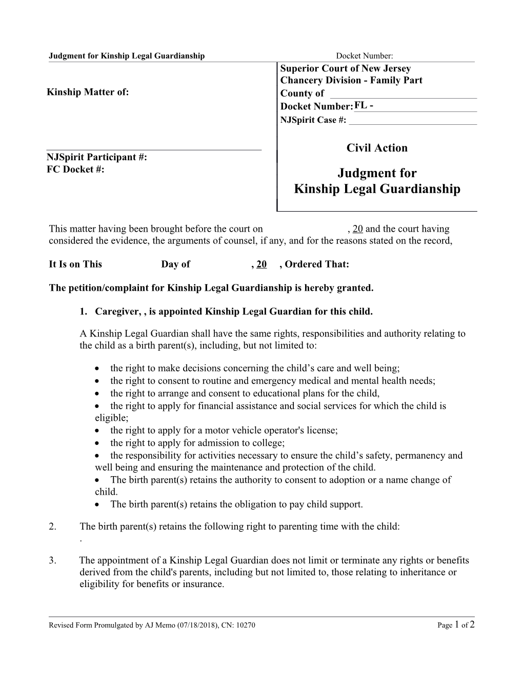 Judgment for Kinship Legal Guardianship Docket Number