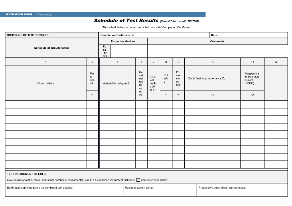 Schedule of Test Results(Form G2 for Use with BS 7909)