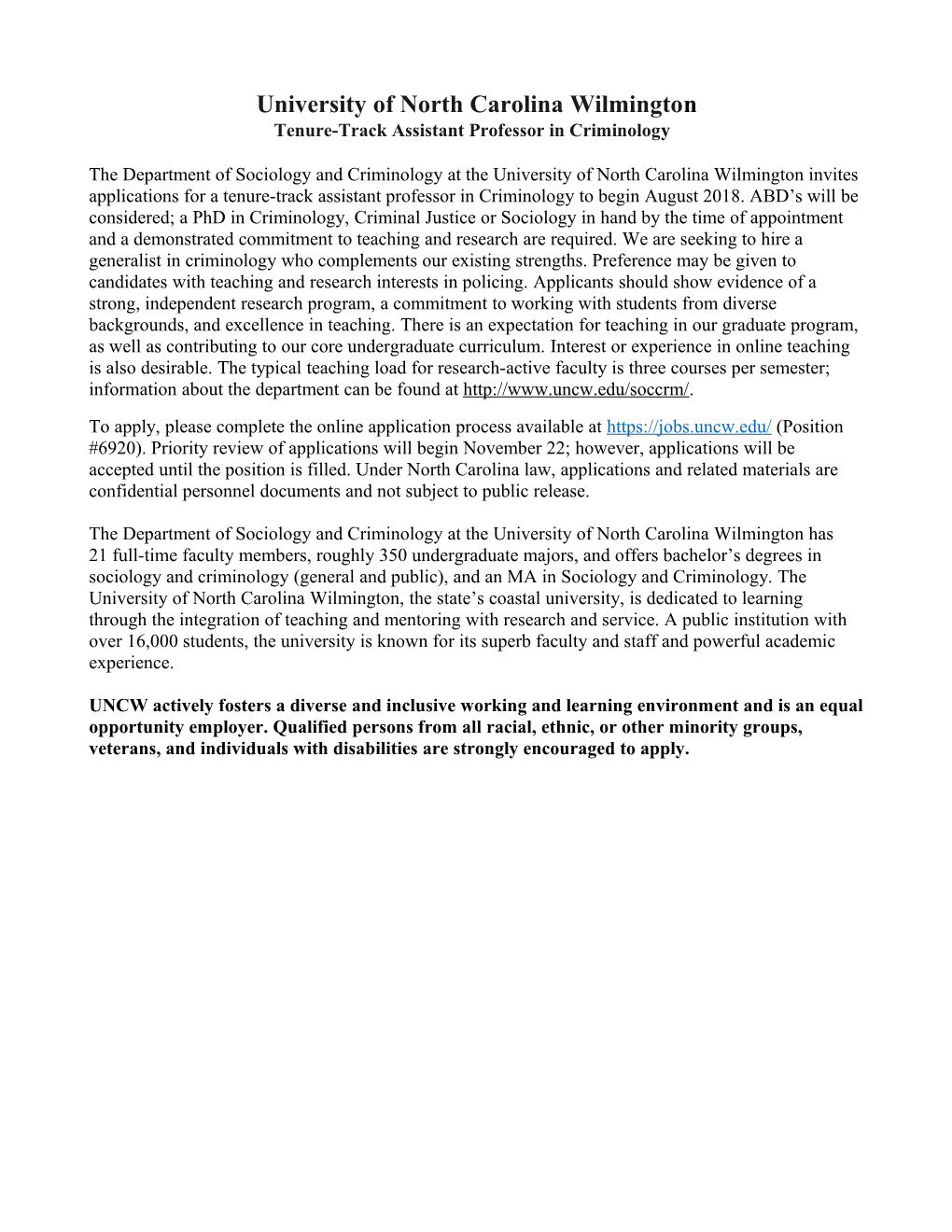 University of North Carolina Wilmington Tenure-Track Assistant Professor in Criminology