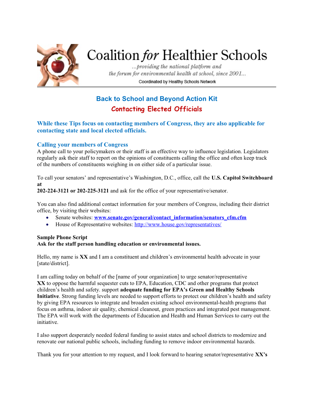 Back to School and Beyond Action Kit Contacting Elected Officials