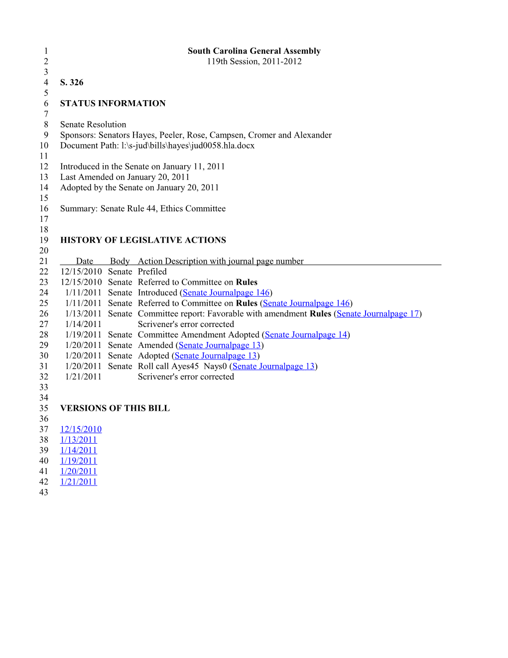 2011-2012 Bill 326: Senate Rule 44, Ethics Committee - South Carolina Legislature Online