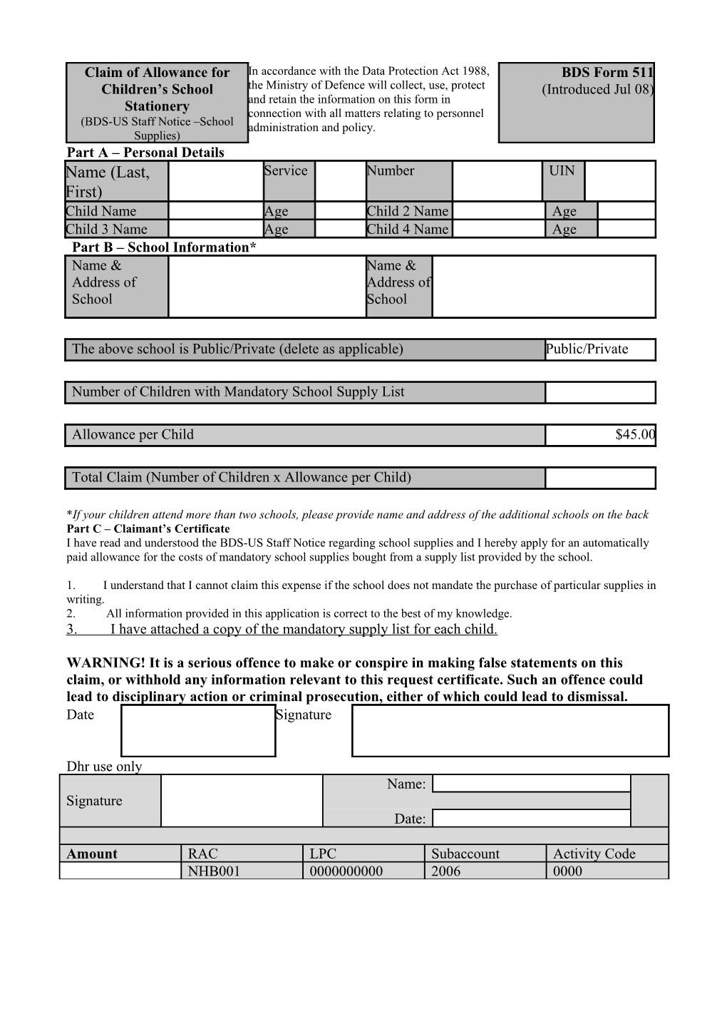 Claim of Allowance for Children S School Stationery