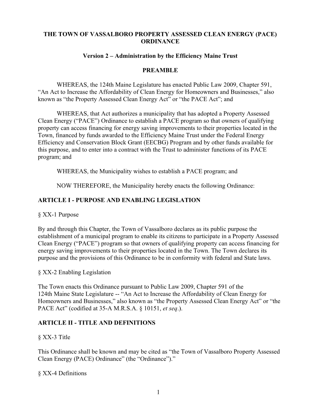 The Town of Vassalboro Property Assessed Clean Energy (PACE) Ordinance