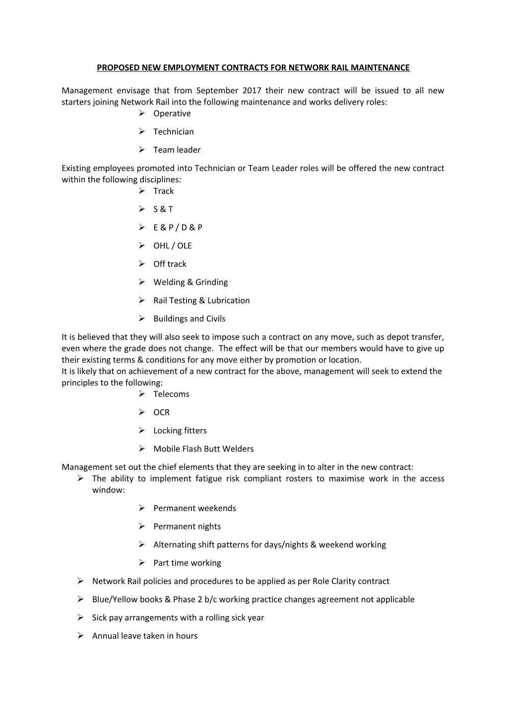 Proposed New Employment Contracts for Network Rail Maintenance