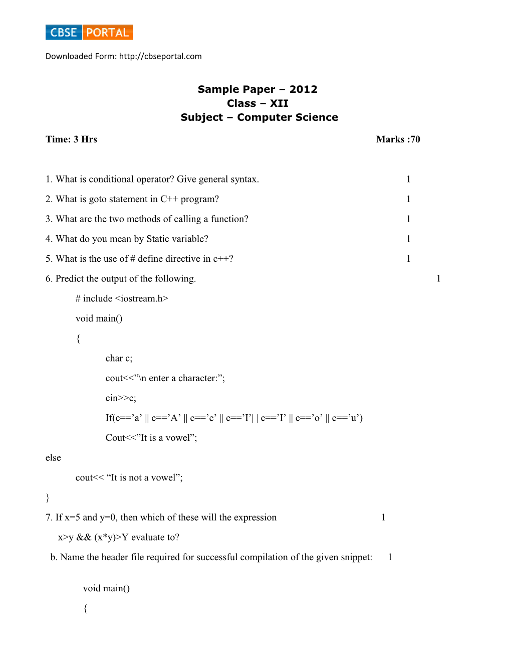 Sample Paper 2012 Class XII Subject Computer Science