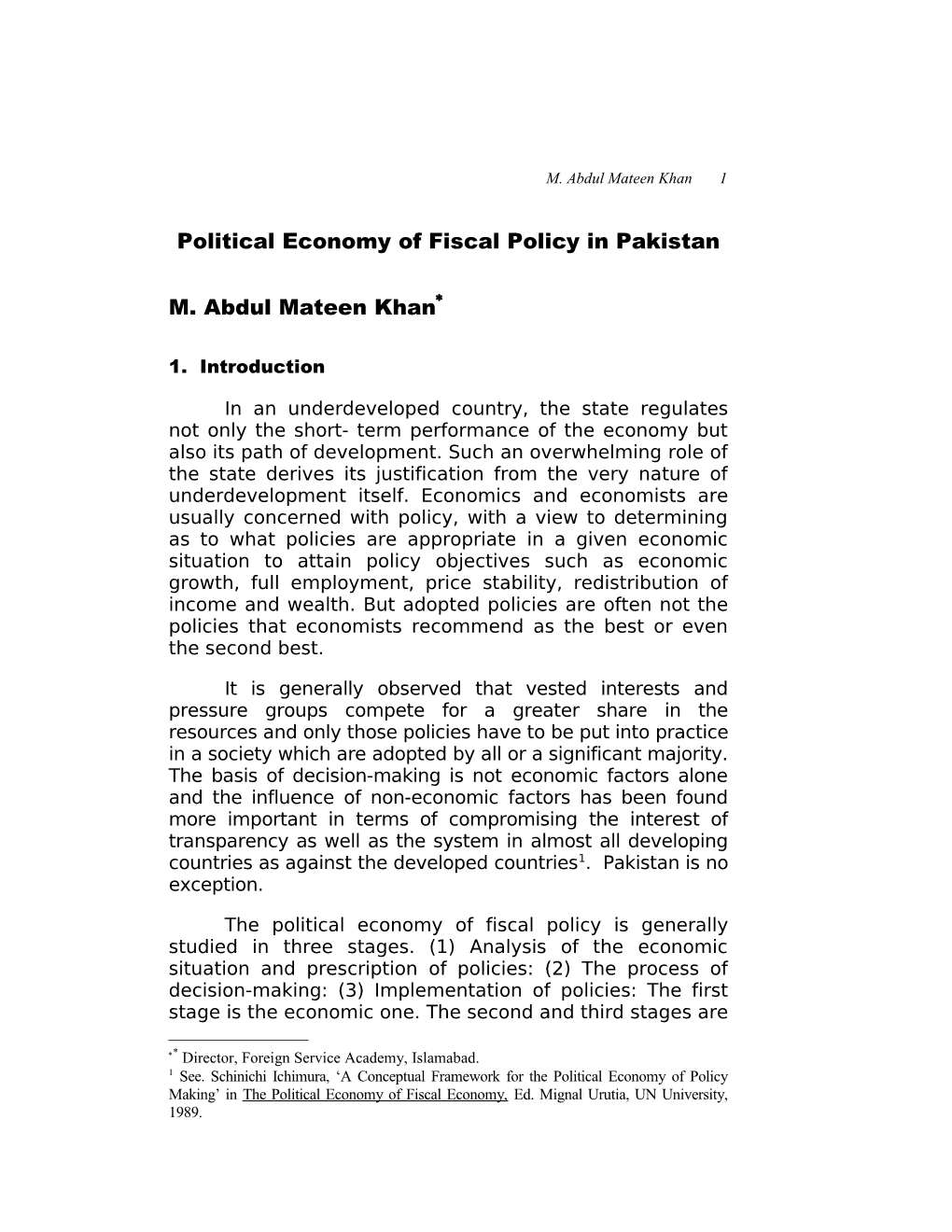 Political Economy of Fiscal Policy in Pakistan