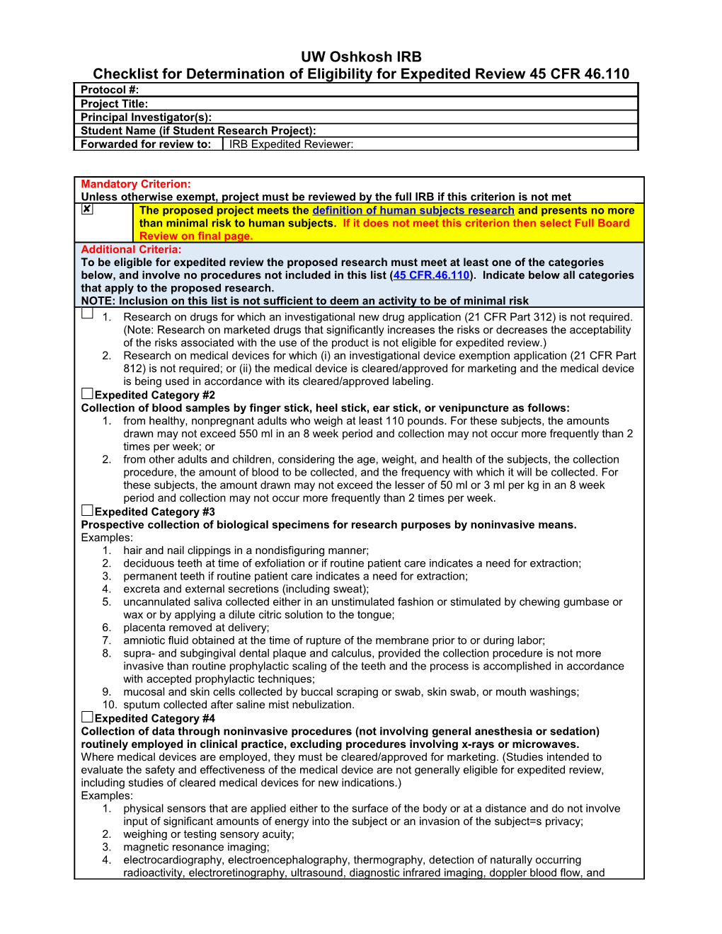 Checklist for Determination of Eligibility for Expedited Review 45 CFR 46.110