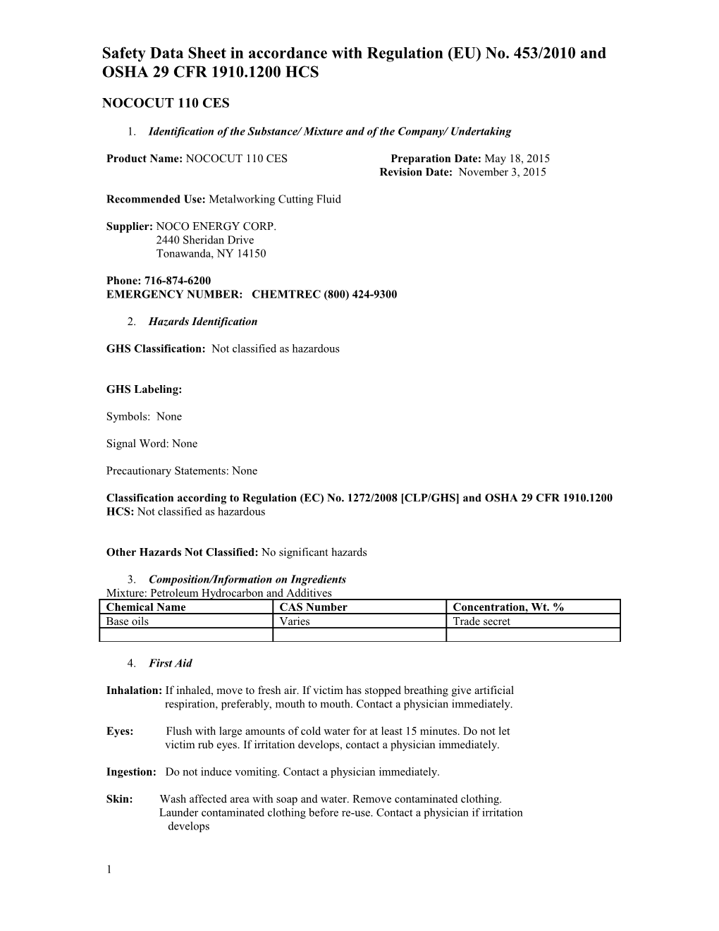 Product Name:NOCOCUT 110 CES Preparation Date: May 18, 2015