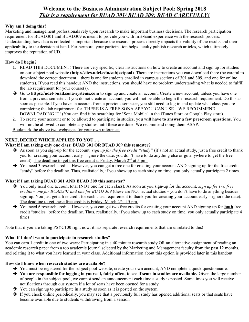 Welcome to the Business Administration Subject Pool: Spring 2018