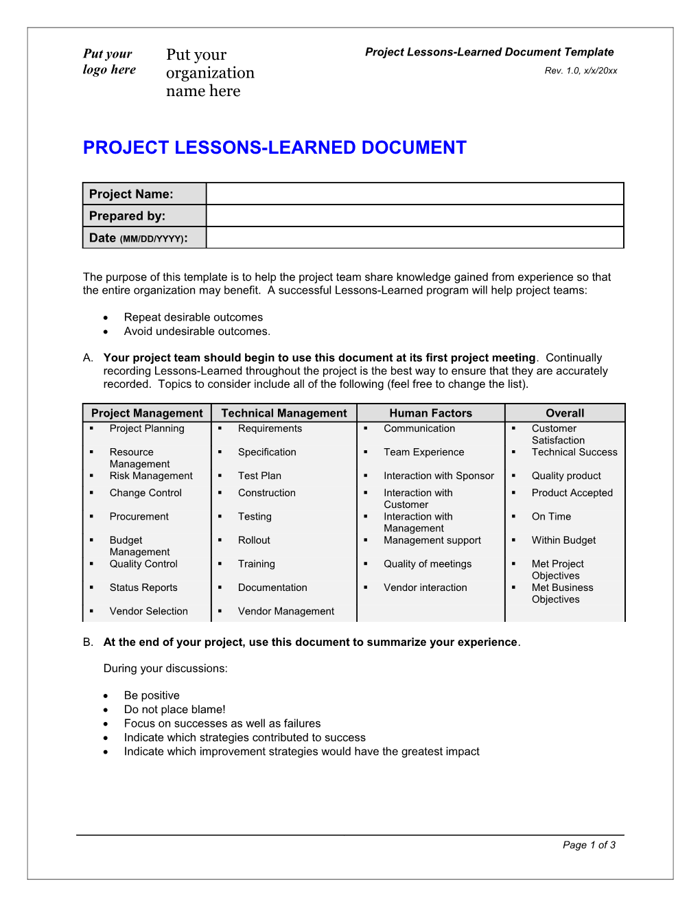 Lessons Learned Template