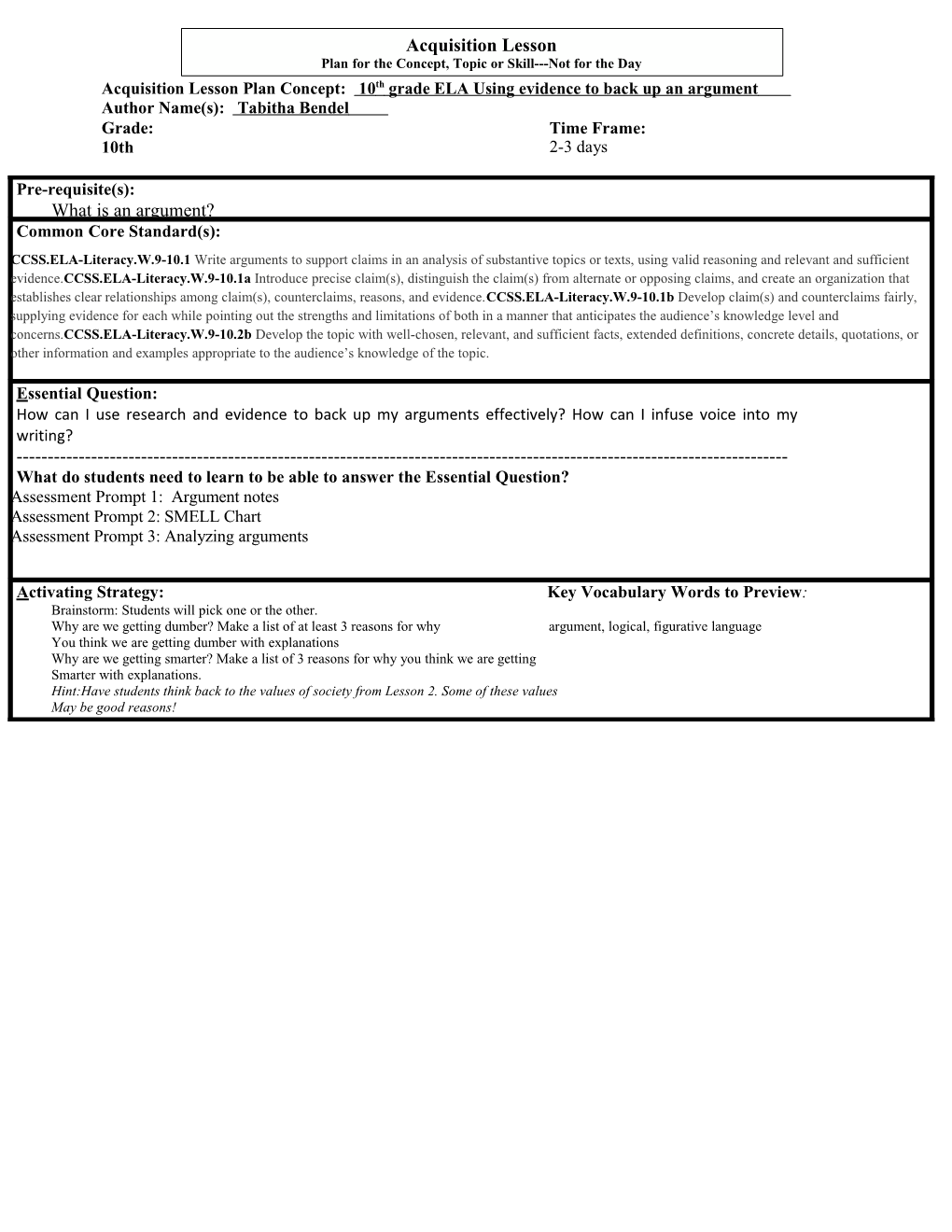 Acquisition Lesson Descriptors Finalupdated10-2011