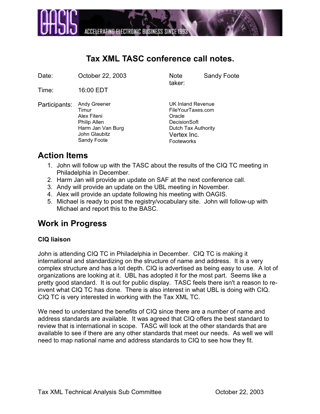 Tax XML BASC Conference Call Notes