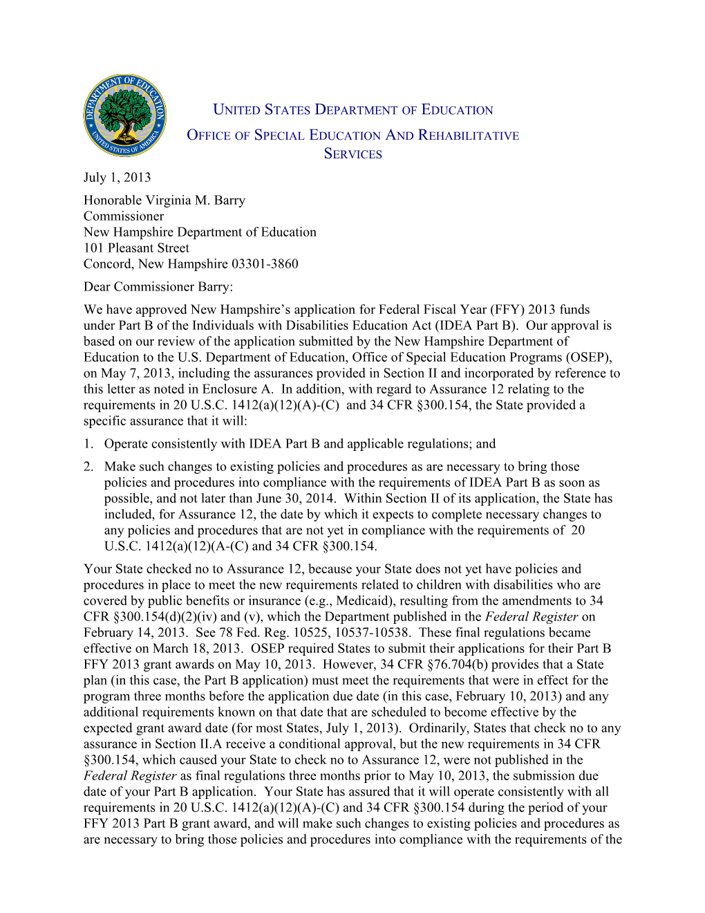 New Hampshire IDEA 2013 Part B Grant Award Letter (MS WORD)