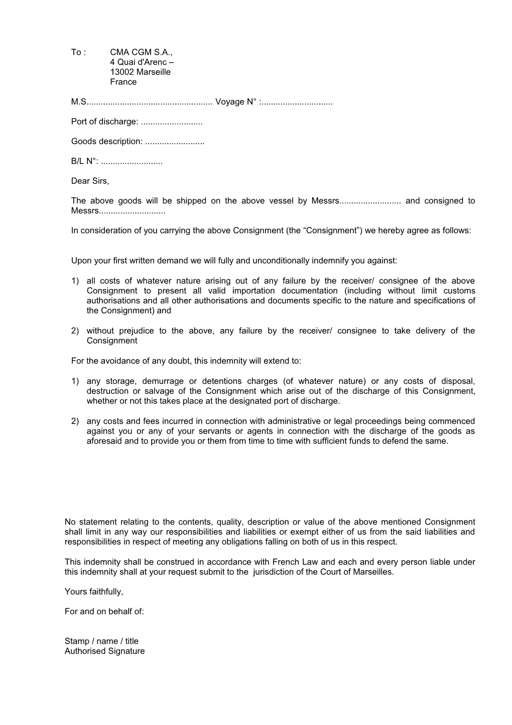 CMA CGM Standard Form of Undertaking to Be Given by Shippers Loading All Kinds of Waste