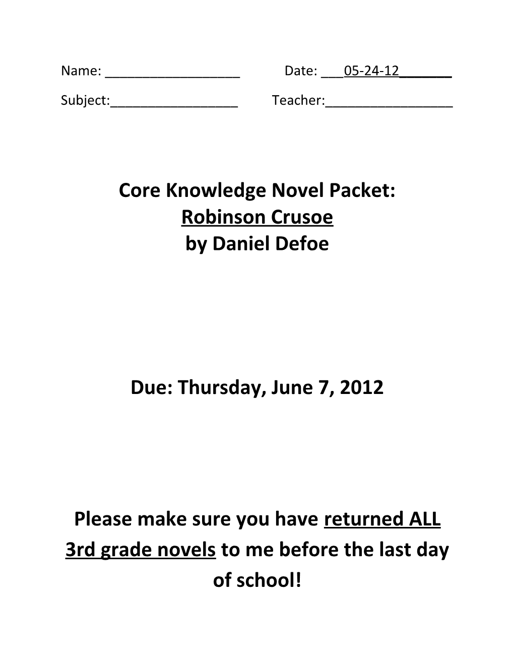 Core Knowledge Novel Packet