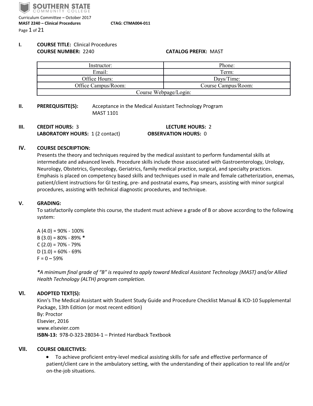 MAST 2240 Clinical Procedures