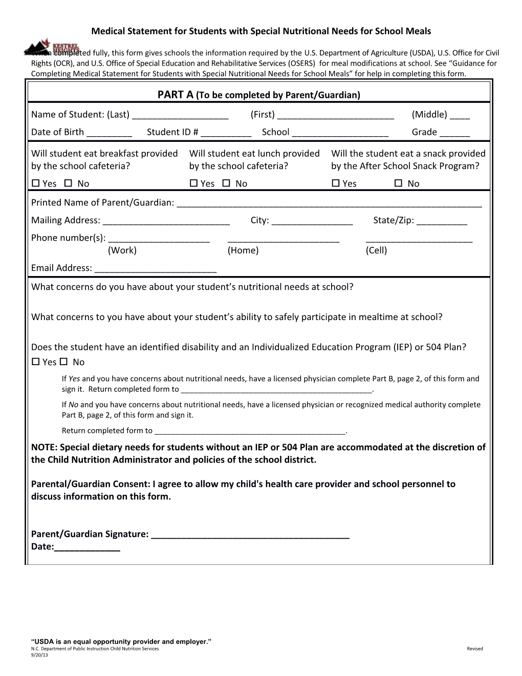 Medical Statement for Students with Special Nutritional Needs