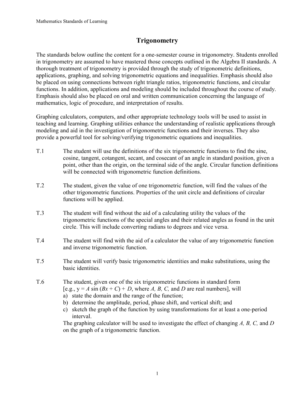 Mathematics Standards of Learning