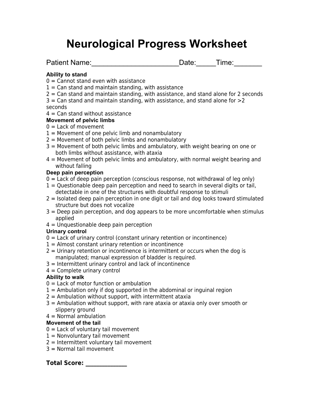 Neurological Progress Sheet