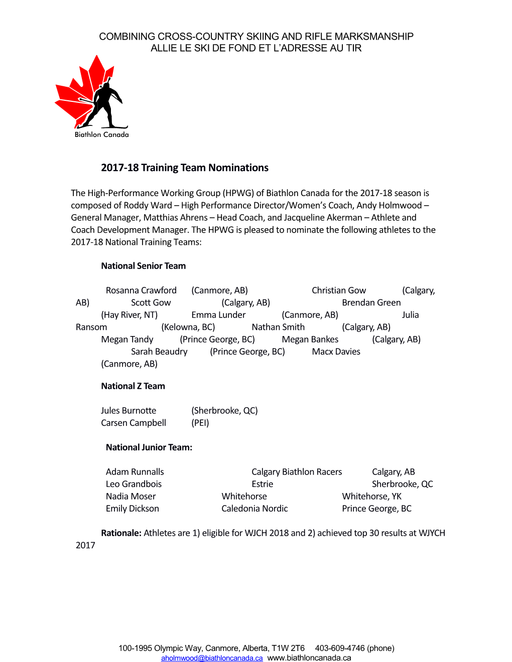 2017-18 Training Team Nominations