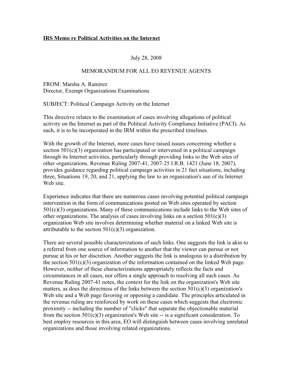 IRS Memo Re Political Activities on the Internet