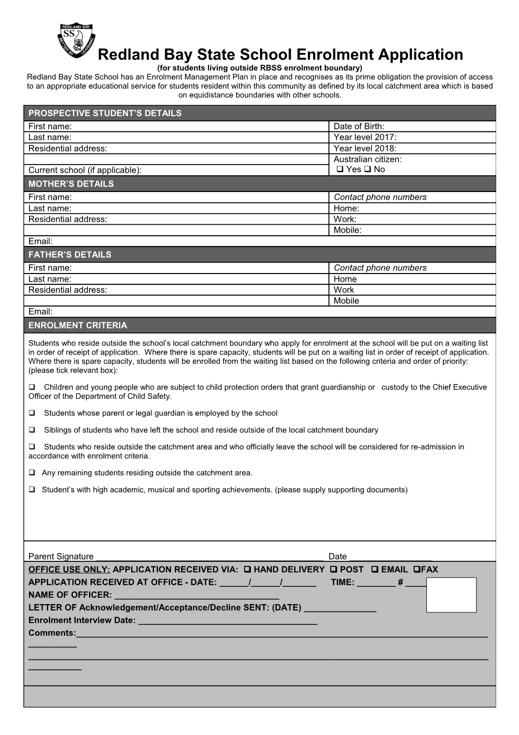 Out of Catchment Form