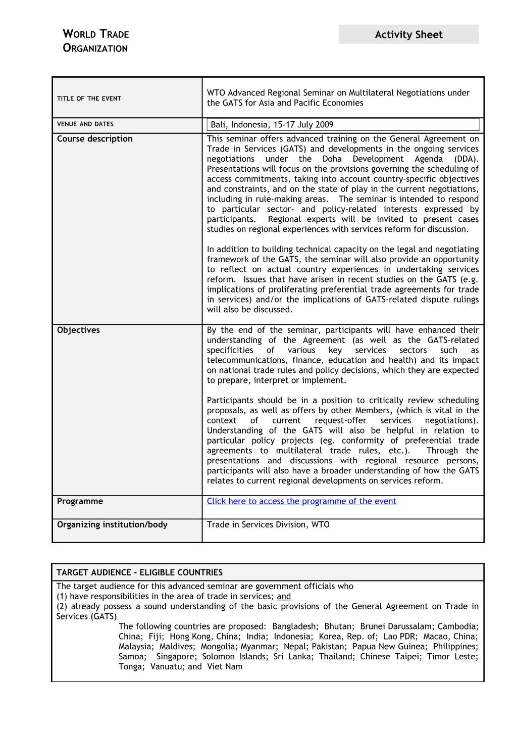 WTO Advanced Regional Seminar on Multilateral Negotiations Under the GATS for Asia And