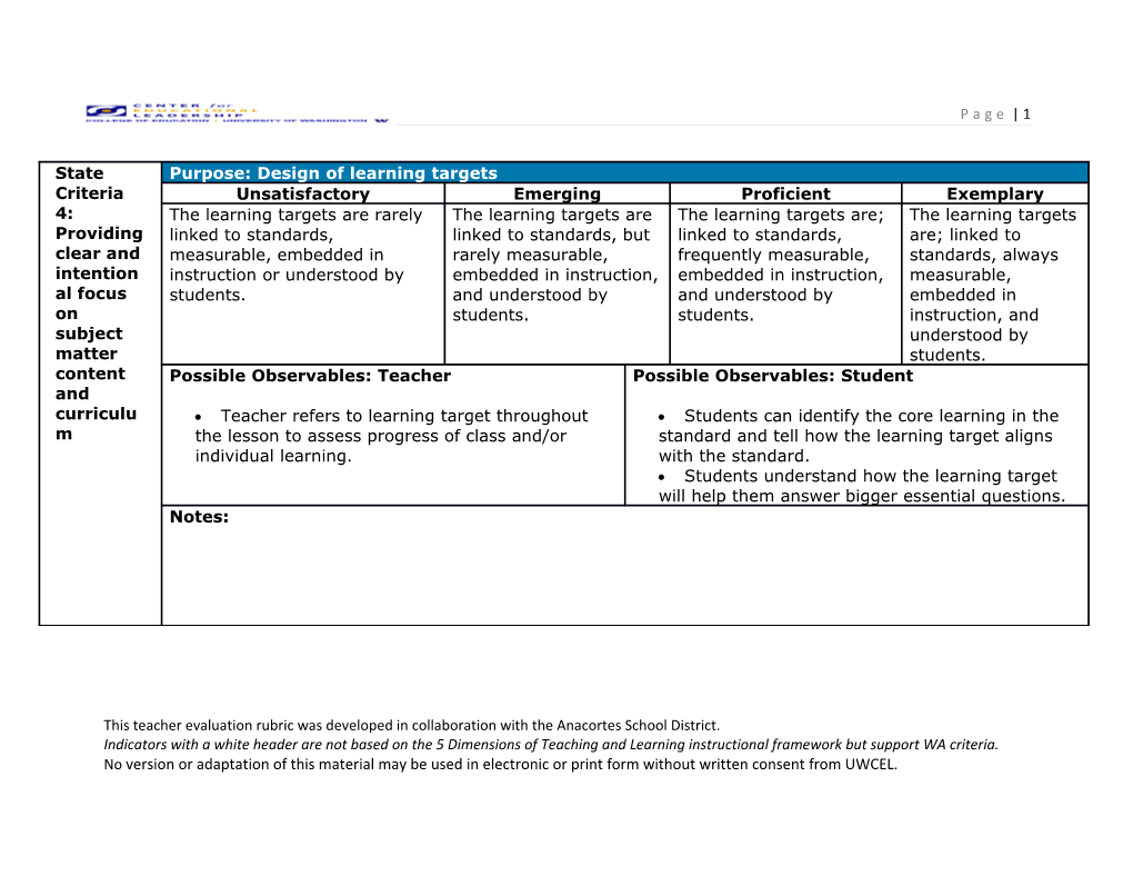 This Teacher Evaluation Rubric Was Developed in Collaboration with the Anacortes School