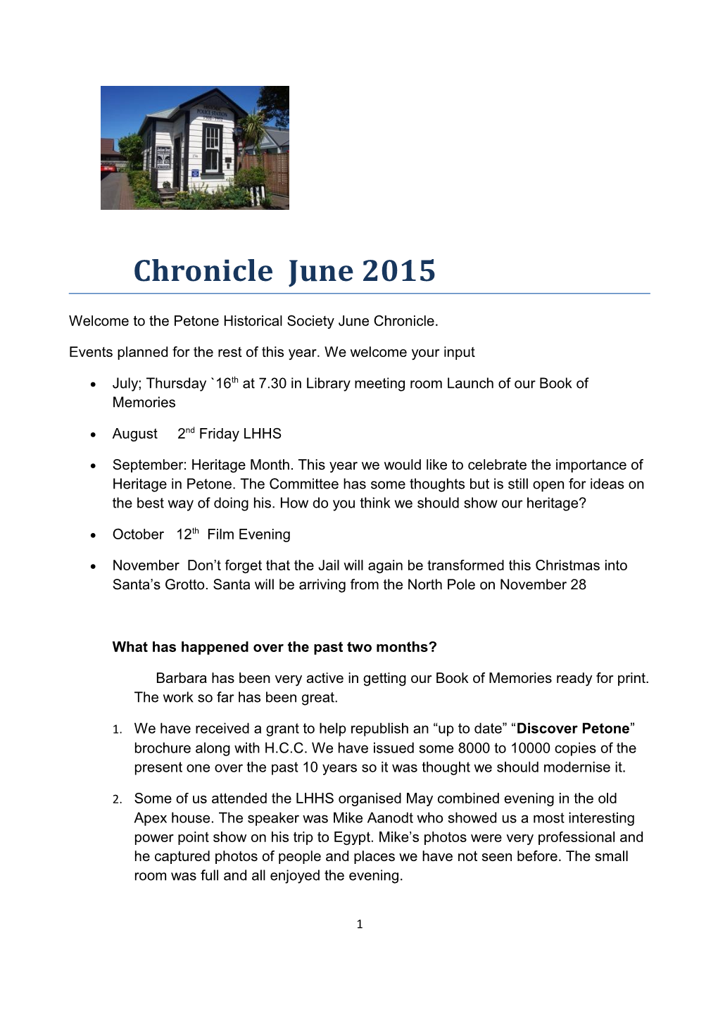 Welcome to the Petone Historical Society June Chronicle