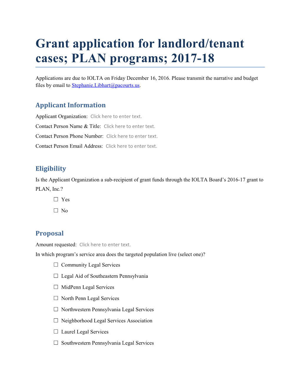 Grant Application for Landlord/Tenant Cases; PLAN Programs; 2017-18