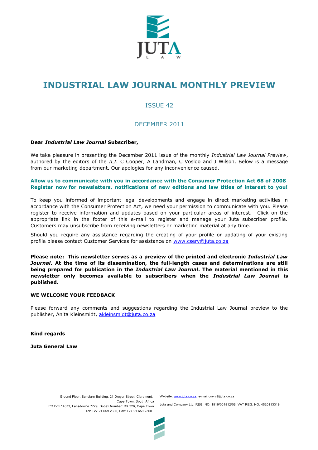 Industrial Law Journal Monthly Preview