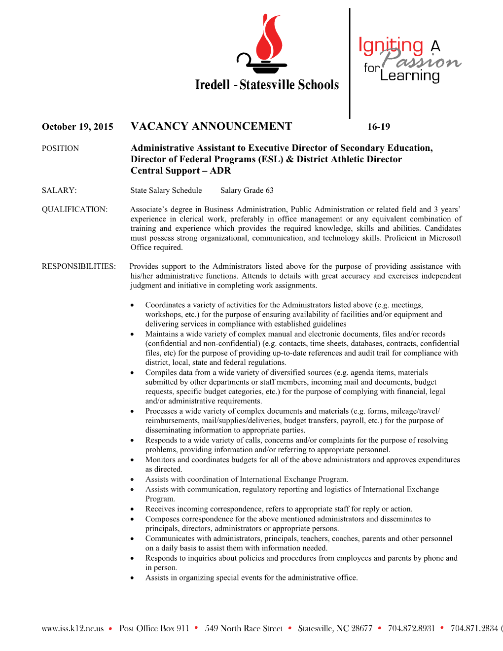 POSITION Administrative Assistant to Executive Director of Secondary Education