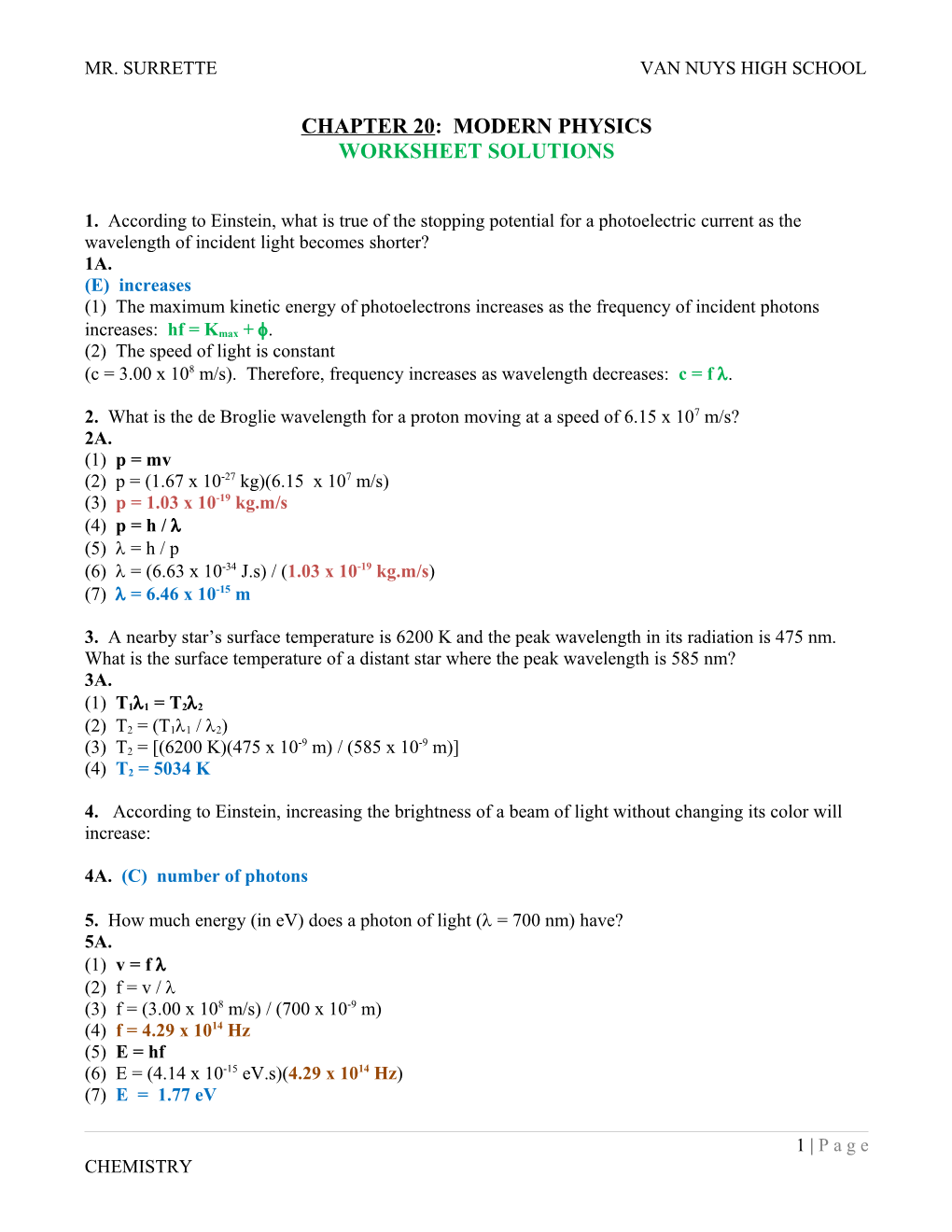 Quantum Mechanics Worksheet 2