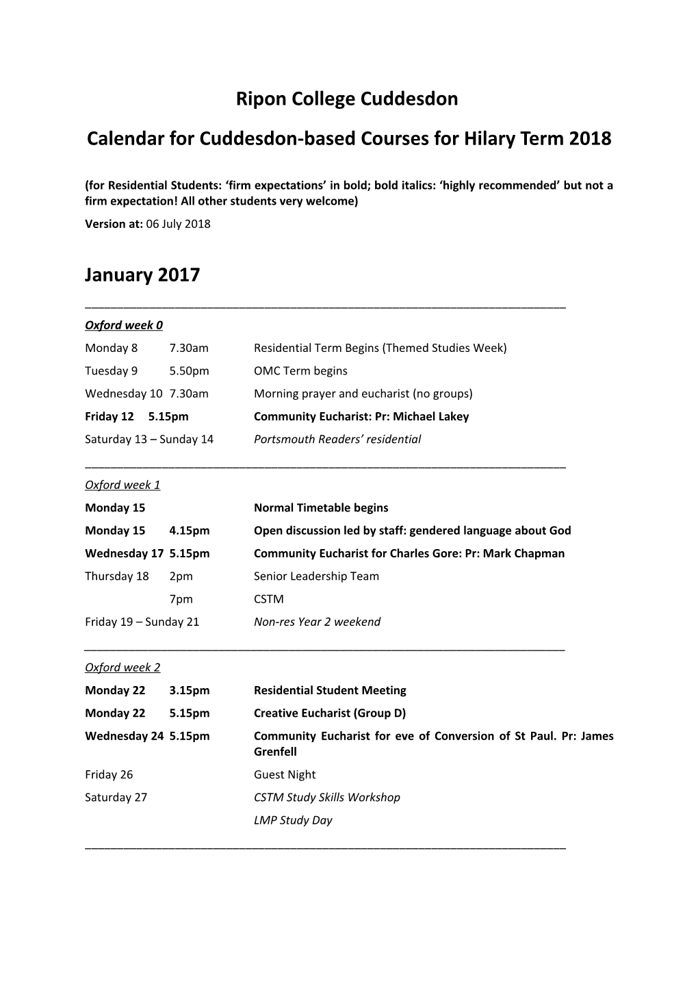 Calendar for Cuddesdon-Based Courses for Hilary Term 2018