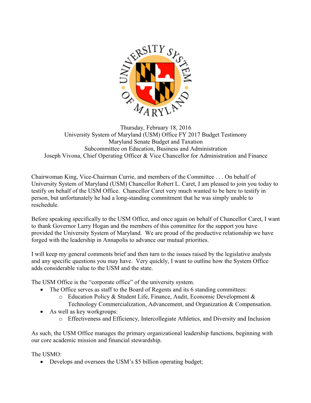 University System of Maryland (USM) Office FY 2017 Budget Testimony