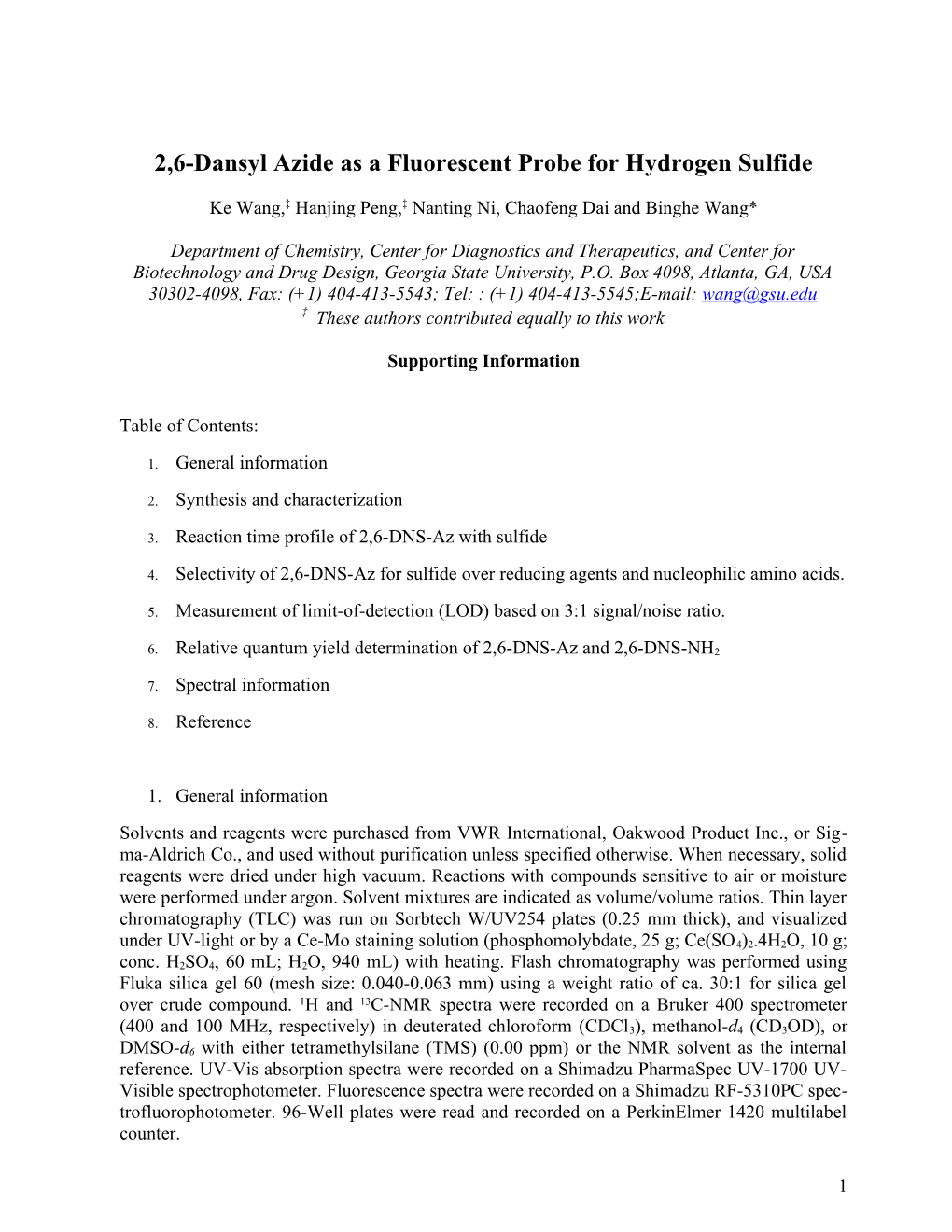 2,6-Dansyl Azide As a Fluorescent Probe for Hydrogen Sulfide