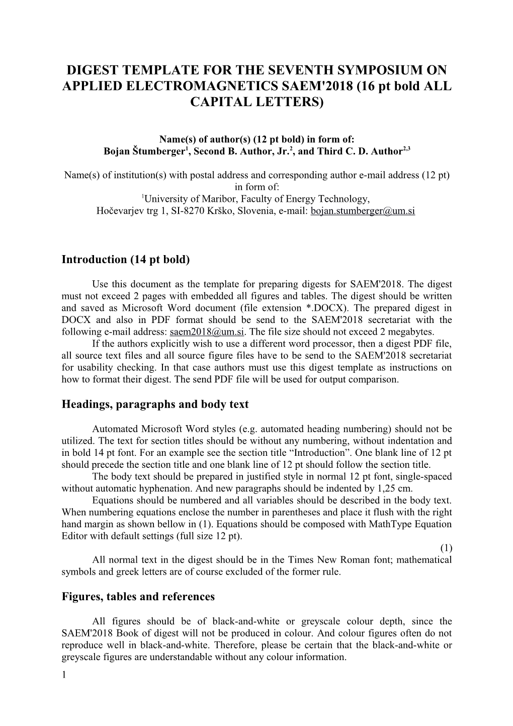 DIGEST TEMPLATE for the SEVENTH SYMPOSIUM ONAPPLIED ELECTROMAGNETICS SAEM'2018 (16 Pt