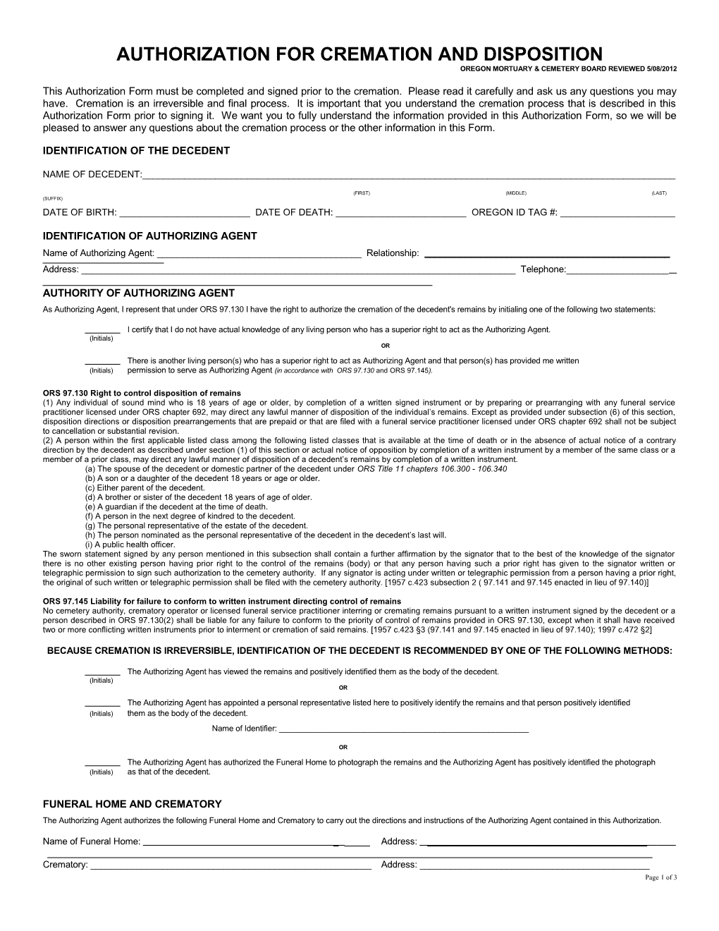 Authorization for Cremation and Disposition