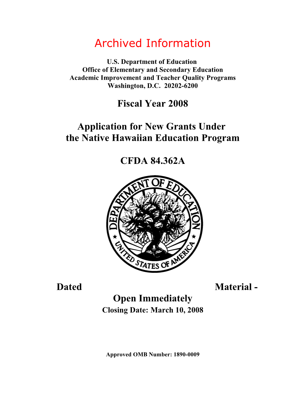 Archived: FY 08 Application for the Native Hawaiian Education Program (MS Word)