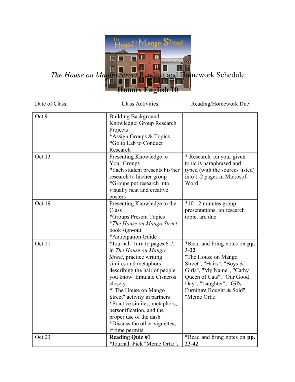 The House on Mango Street Reading and Homework Schedule