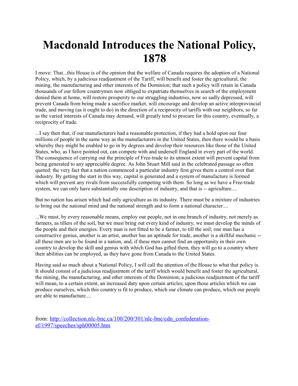 Macdonald Introduces the National Policy, 1878