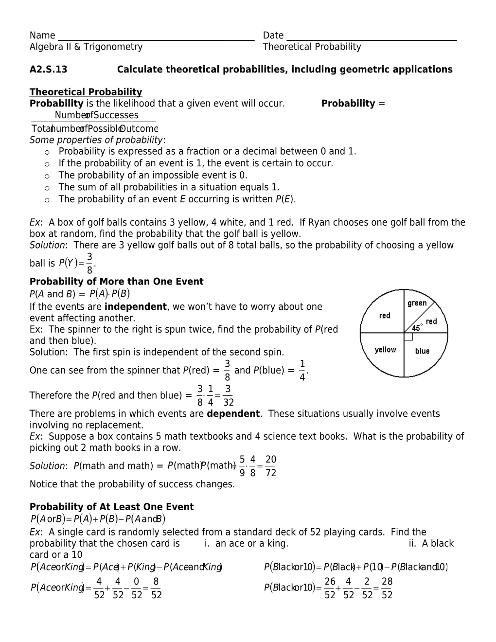 Algebra II & Trigonometry Theoretical Probability