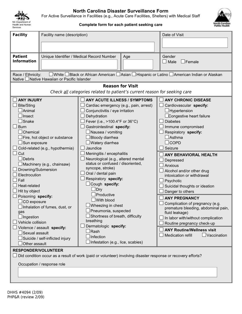 Natural Disaster Morbidity Report Form