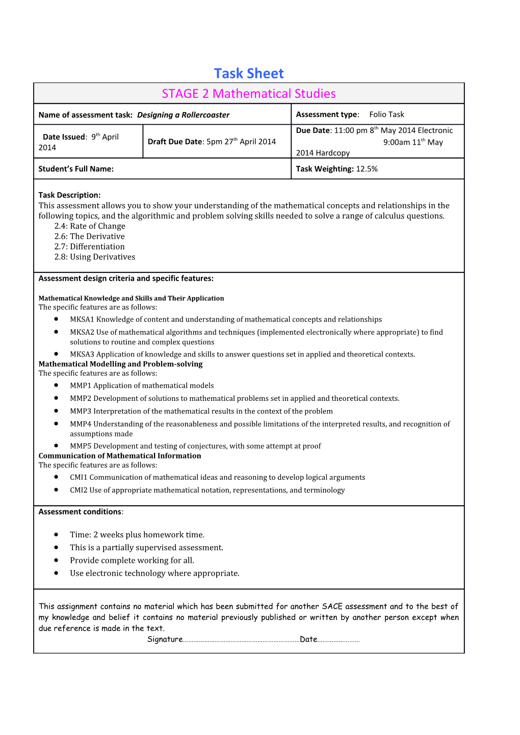 Performance Standards for Stage 2 Mathematical Studies